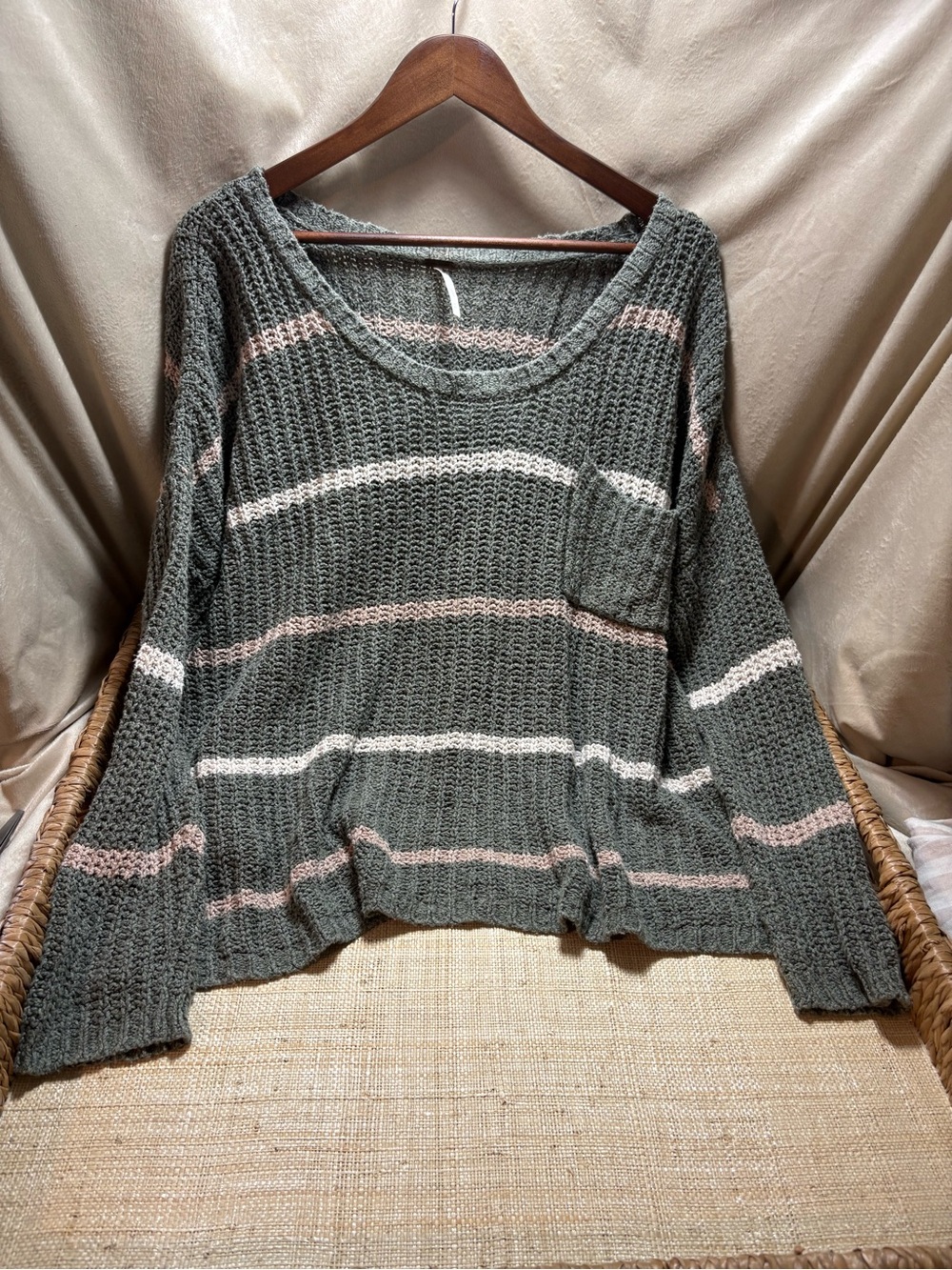 Free People Oversized Chunky Knit Striped Sweater Pocket Long Sleeve Green